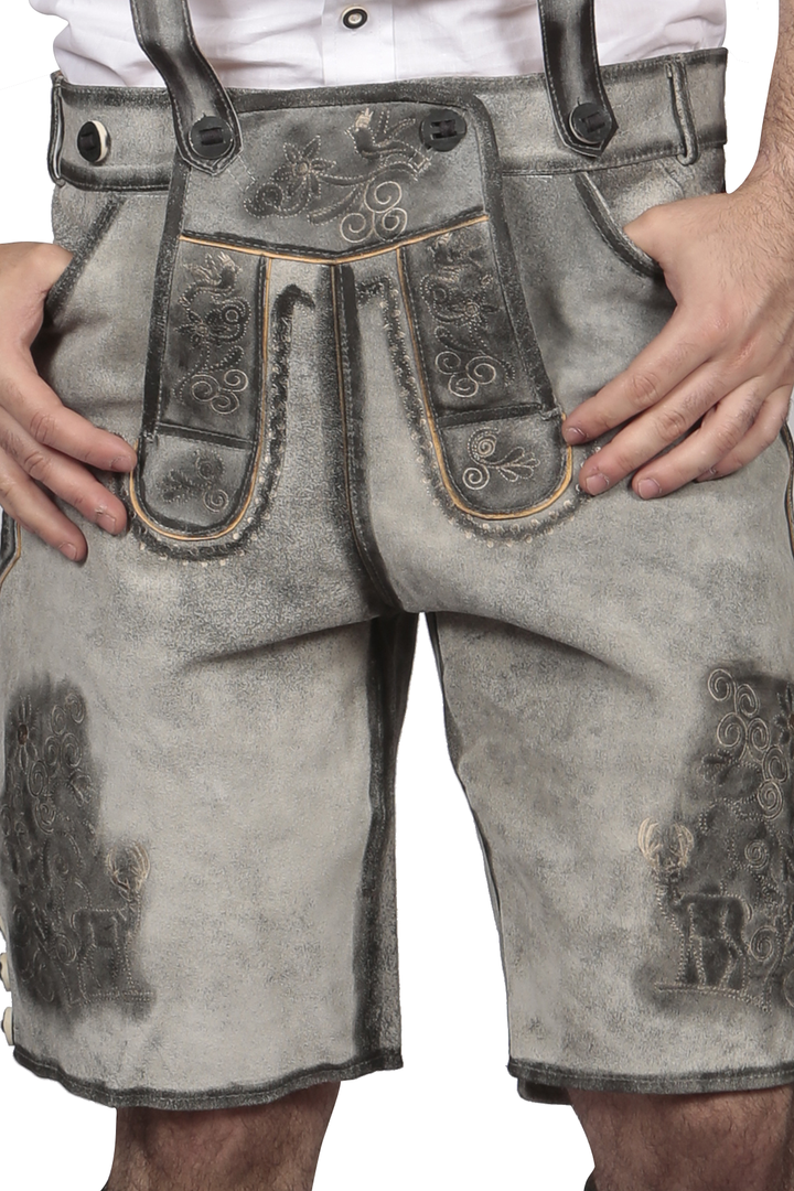Lederhose Herren kurz | Graue Trachtenlederhose mit Stickerei und verstellbaren Hosenträgern für Oktoberfest
