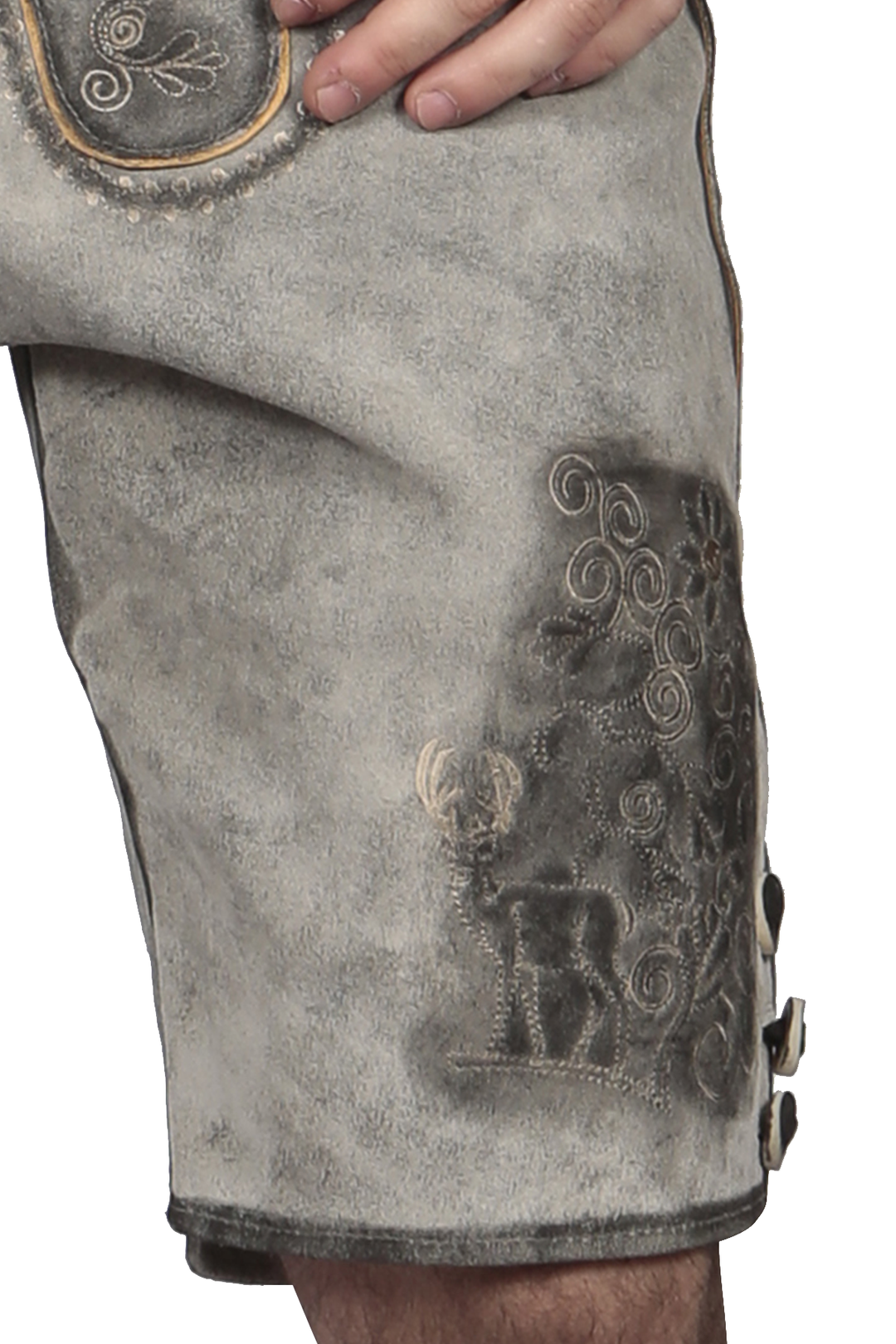 Lederhose Herren kurz | Graue Trachtenlederhose mit Stickerei und verstellbaren Hosenträgern für Oktoberfest