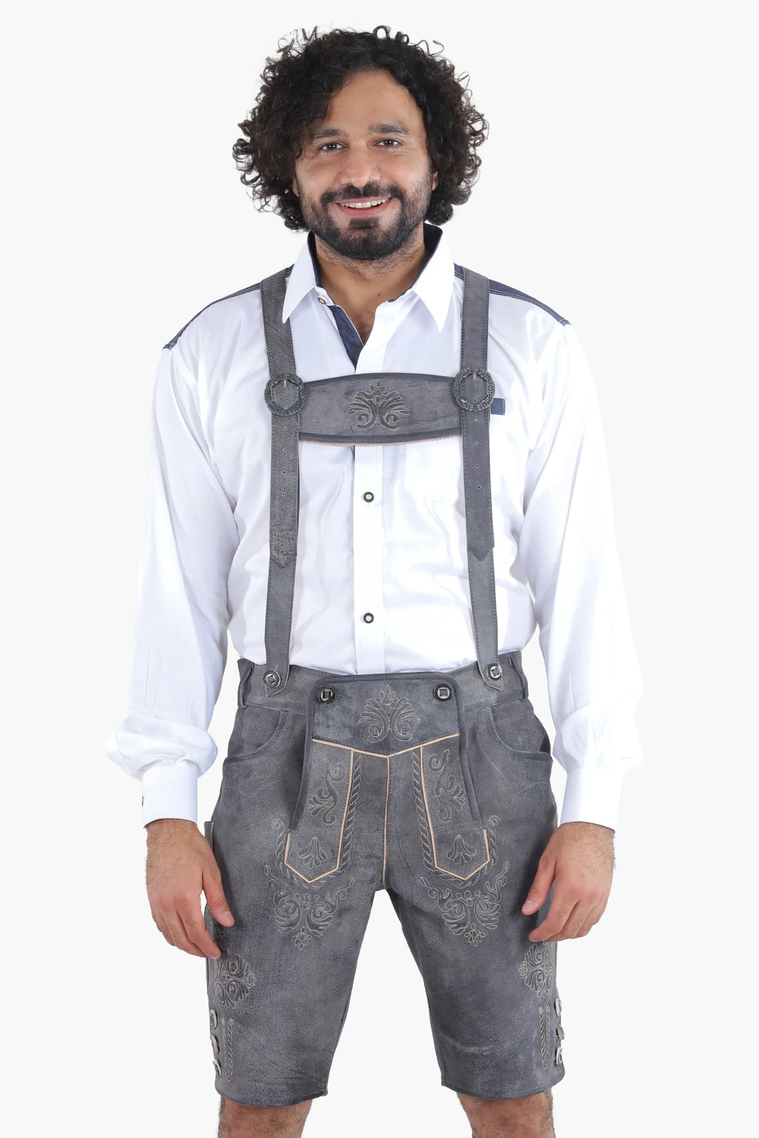 Lederhose Herren kurz | Schwarze Trachtenlederhose mit Stickerei und verstellbaren Hosenträgern für Oktoberfest
