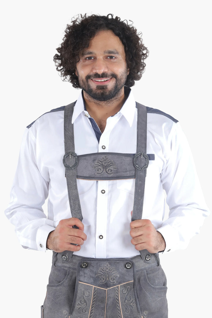 Lederhose Herren kurz | Schwarze Trachtenlederhose mit Stickerei und verstellbaren Hosenträgern für Oktoberfest
