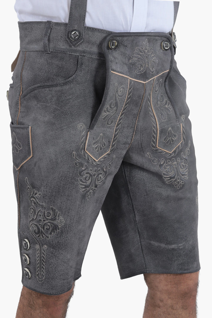 Lederhose Herren kurz | Schwarze Trachtenlederhose mit Stickerei und verstellbaren Hosenträgern für Oktoberfest