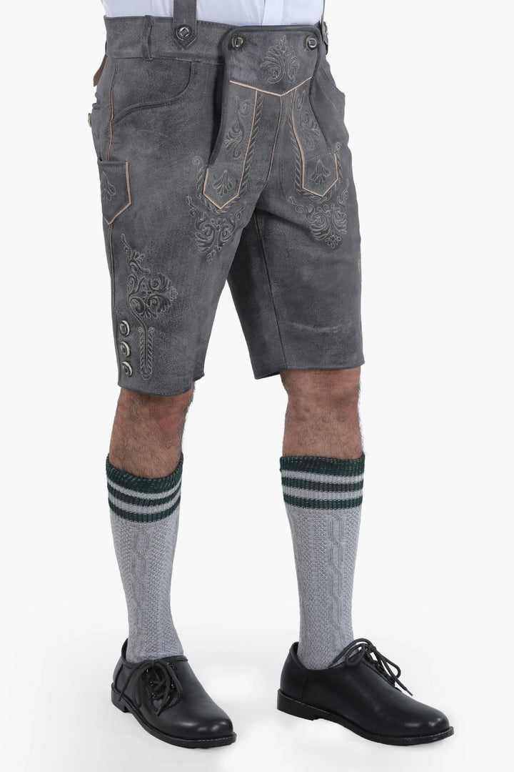 Lederhose Herren kurz | Schwarze Trachtenlederhose mit Stickerei und verstellbaren Hosenträgern für Oktoberfest