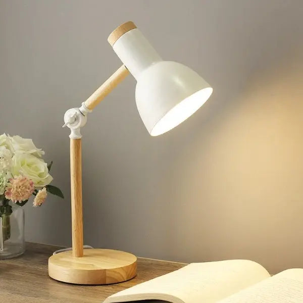 LED Schreibtischlampe | Dimmbare Tischleuchte mit Holzelementen, Touch-Bedienung und verstellbarem Arm