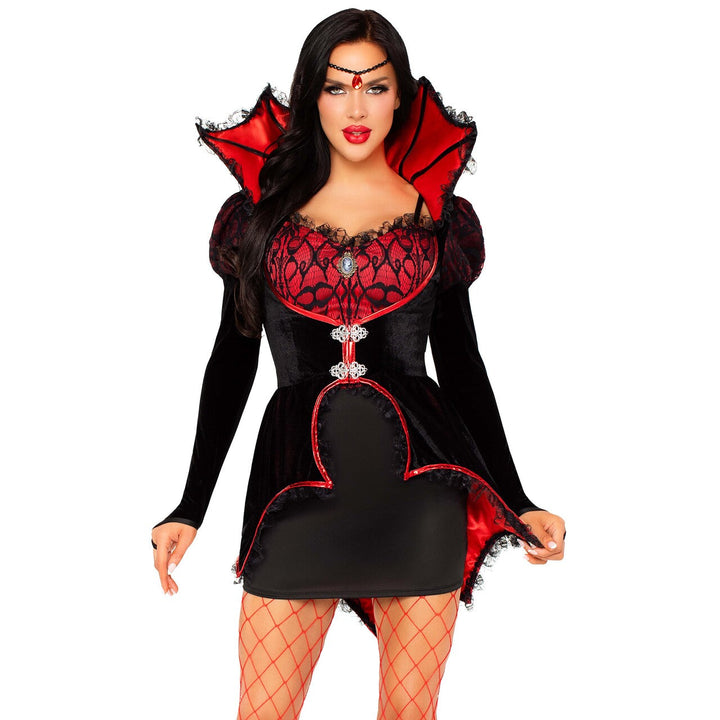 Damen Vampir Kostüm Rot Schwarz | Gothic Halloween Kleid mit Bolerojacke, Samt-Look, Spitze und Satin-Details