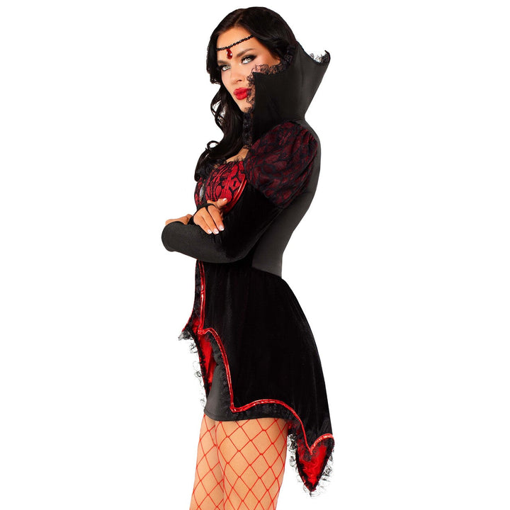 Damen Vampir Kostüm Rot Schwarz | Gothic Halloween Kleid mit Bolerojacke, Samt-Look, Spitze und Satin-Details