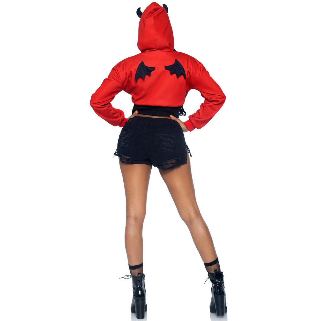 Damen Teufel Kostüm Rot Schwarz | Halloween Outfit mit Kapuzenoberteil, Teufelshörnern, Korsage und Shorts für Mottoparty