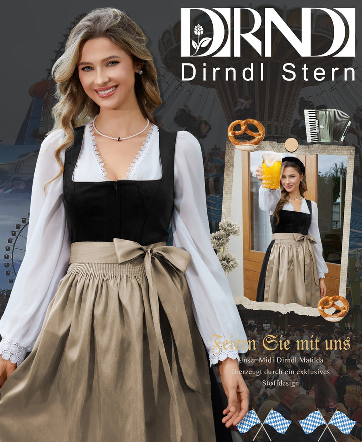 Dirndl Midi Damen | Samt-Dirndl mit geradem Ausschnitt und passender Schürze für Oktoberfest und Volksfest