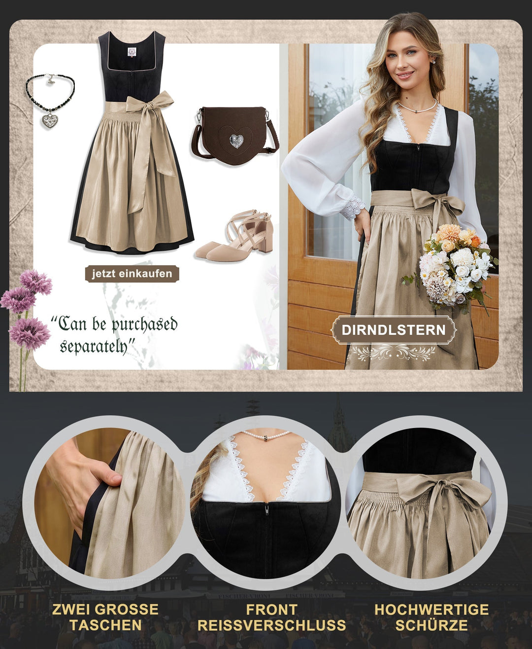 Dirndl Midi Damen | Samt-Dirndl mit geradem Ausschnitt und passender Schürze für Oktoberfest und Volksfest