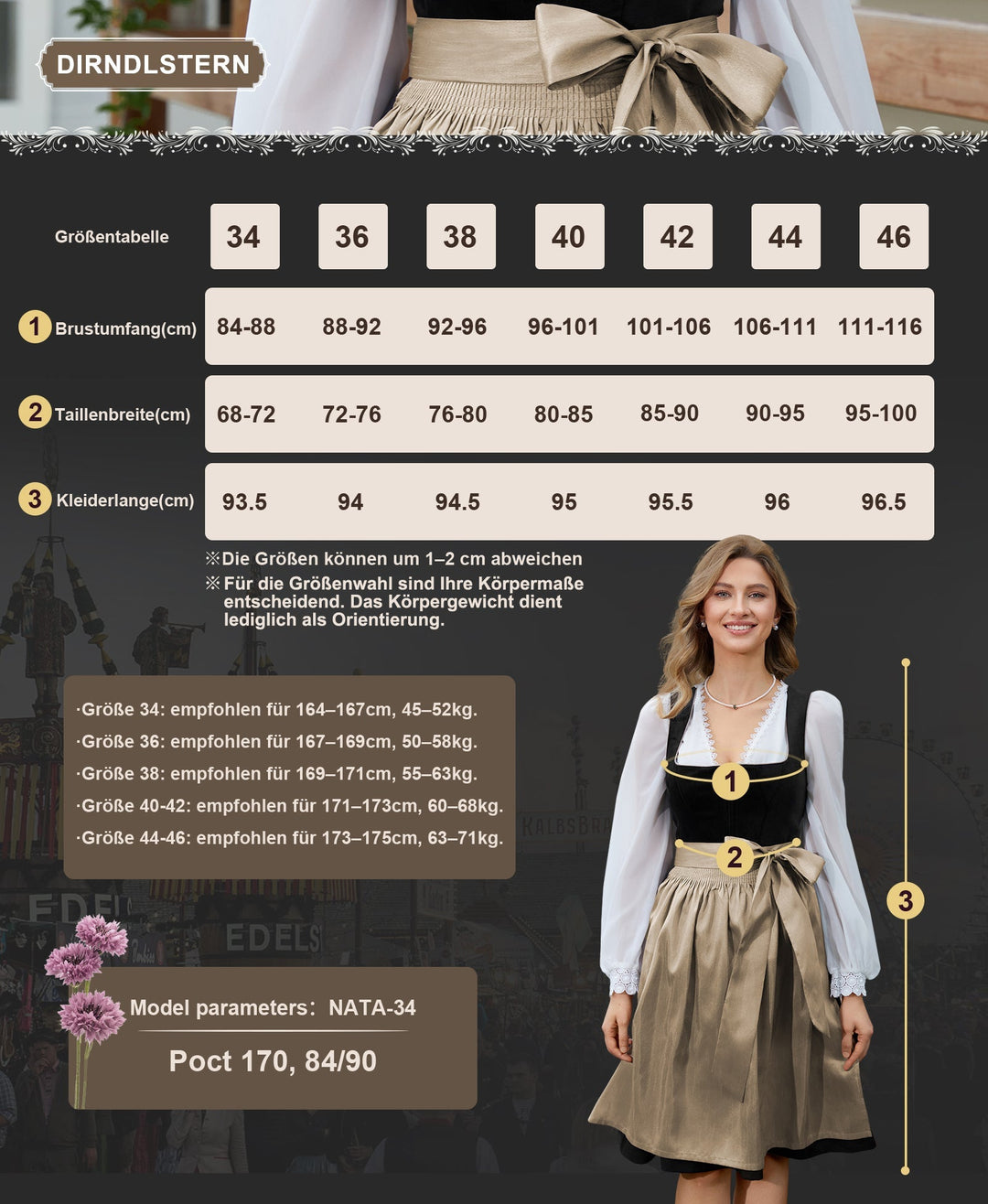 Dirndl Midi Damen | Samt-Dirndl mit geradem Ausschnitt und passender Schürze für Oktoberfest und Volksfest