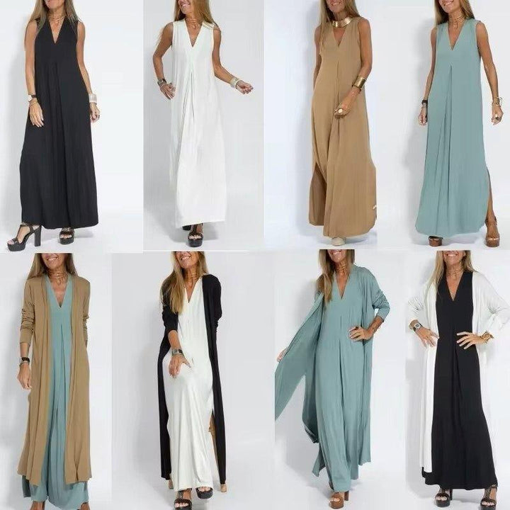 Damen Maxikleid mit V-Ausschnitt &amp; Cardigan | Langärmeliges Kleid für Alltag &amp; besondere Anlässe | Elegant &amp; Bequem