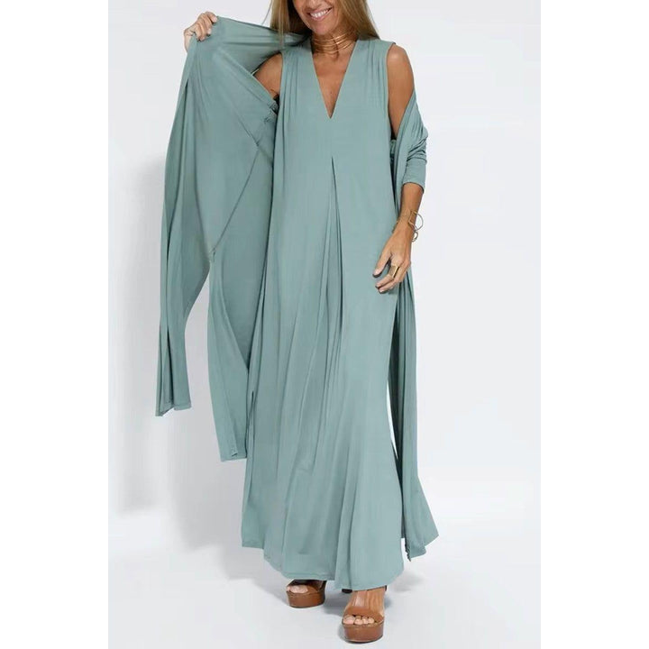 Damen Maxikleid mit V-Ausschnitt &amp; Cardigan | Langärmeliges Kleid für Alltag &amp; besondere Anlässe | Elegant &amp; Bequem