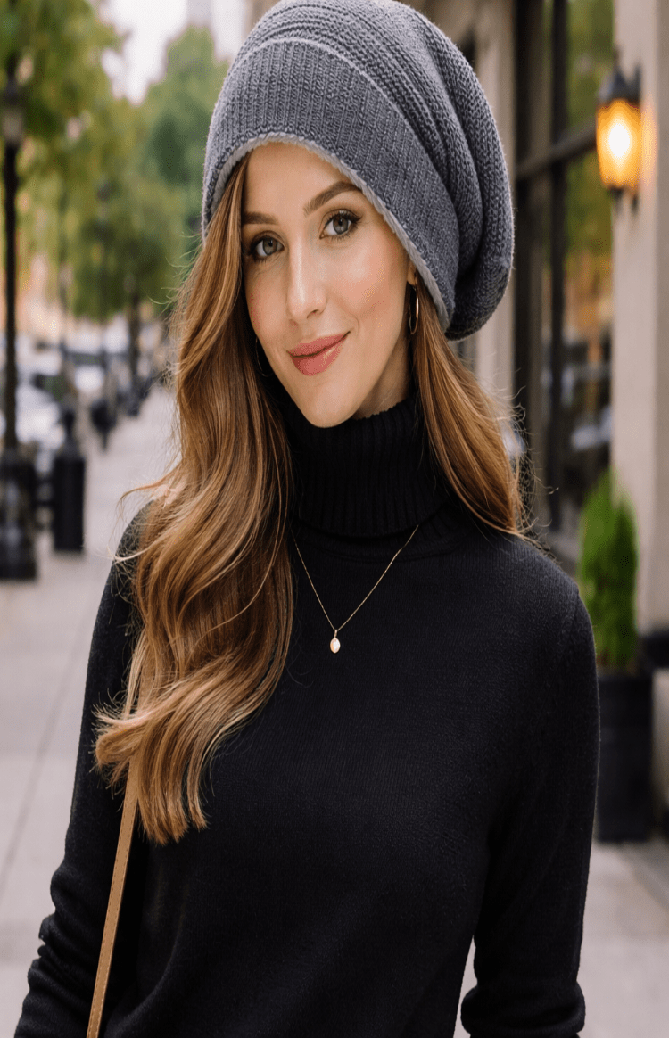 Unisex Slouchy Strickmütze mit warmem Innenfutter | Lässige Wintermütze mit Umschlagbündchen für Damen und Herren
