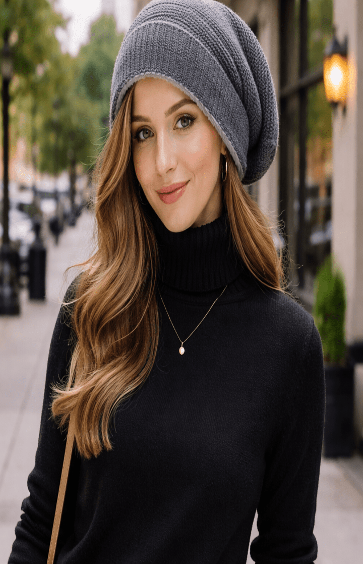 Unisex Slouchy Strickmütze mit warmem Innenfutter | Lässige Wintermütze mit Umschlagbündchen für Damen und Herren