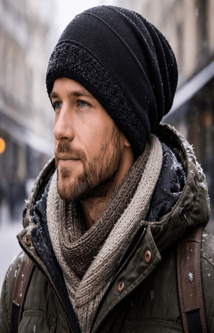 Unisex Slouchy Strickmütze mit warmem Innenfutter | Lässige Wintermütze mit Umschlagbündchen für Damen und Herren