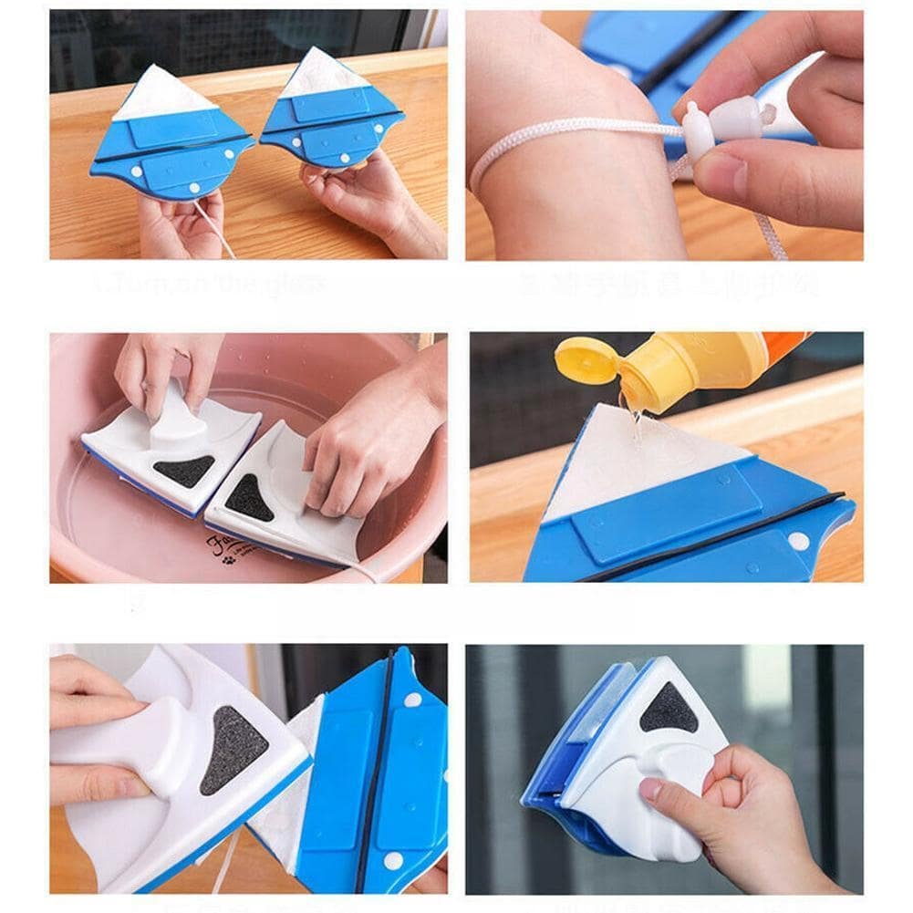 Magnetischer Fensterreiniger für Innen &amp; Außen | Reinigt beide Seiten gleichzeitig | Dreiecksform für Ecken, mit Gummilippe + 4 Ersatzschwämme