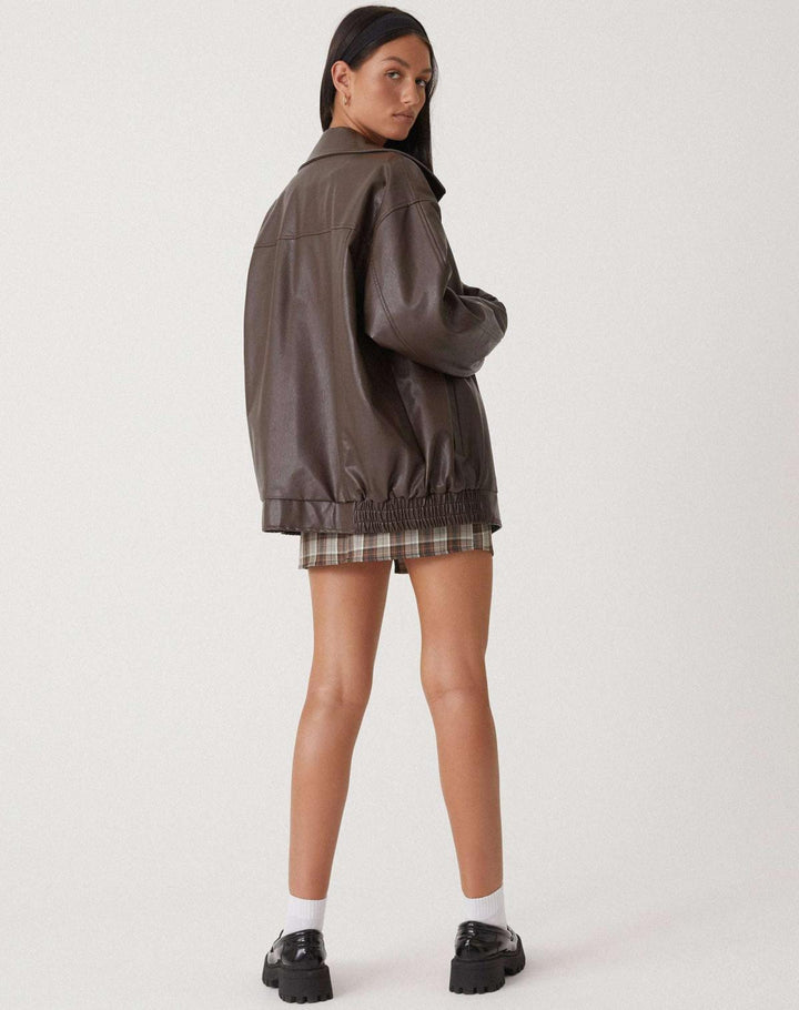 Damen Oversize Lederjacke mit Reißverschluss | Lässige Übergangsjacke mit großen Taschen, weitem Kragen und elastischem Saum