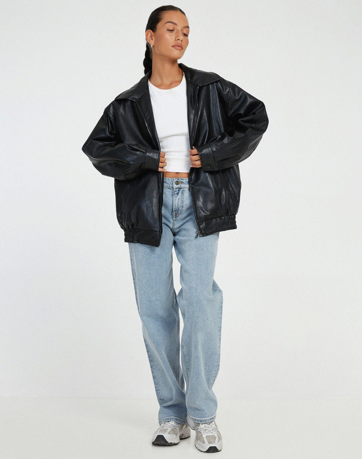 Damen Oversize Lederjacke mit Reißverschluss | Lässige Übergangsjacke mit großen Taschen, weitem Kragen und elastischem Saum