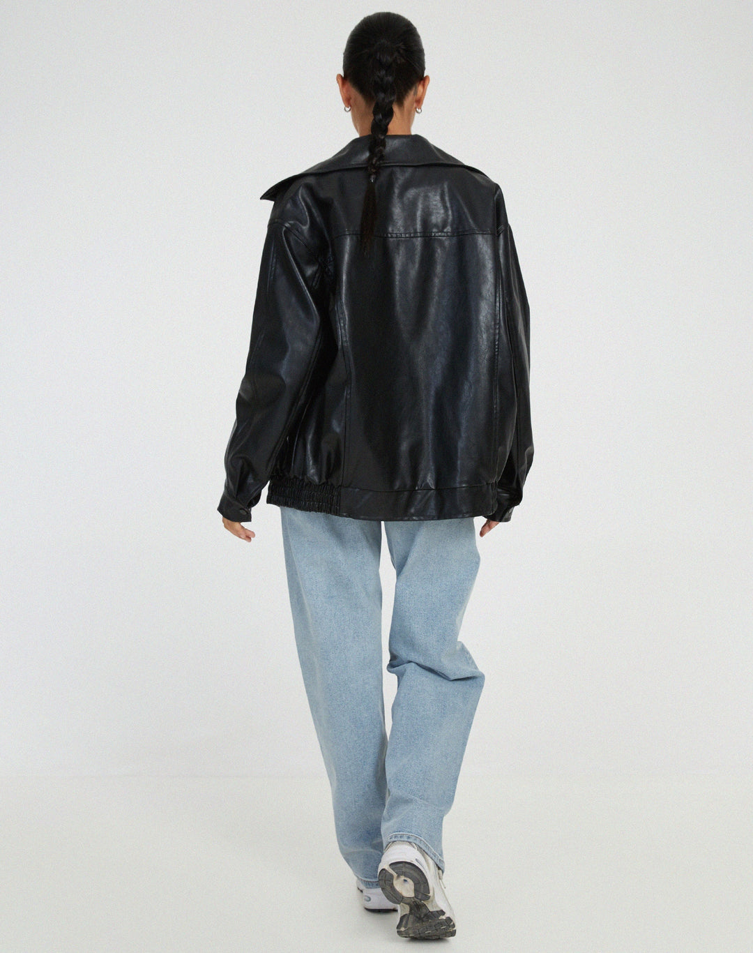 Damen Oversize Lederjacke mit Reißverschluss | Lässige Übergangsjacke mit großen Taschen, weitem Kragen und elastischem Saum