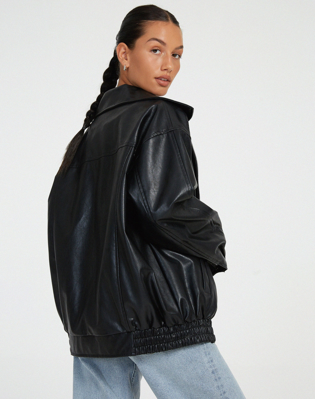 Damen Oversize Lederjacke mit Reißverschluss | Lässige Übergangsjacke mit großen Taschen, weitem Kragen und elastischem Saum