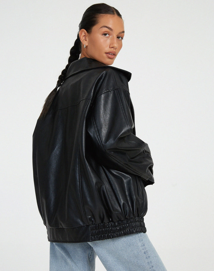 Damen Oversize Lederjacke mit Reißverschluss | Lässige Übergangsjacke mit großen Taschen, weitem Kragen und elastischem Saum