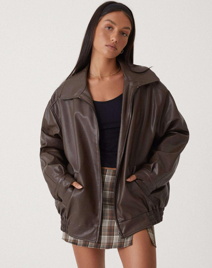 Damen Oversize Lederjacke mit Reißverschluss | Lässige Übergangsjacke mit großen Taschen, weitem Kragen und elastischem Saum