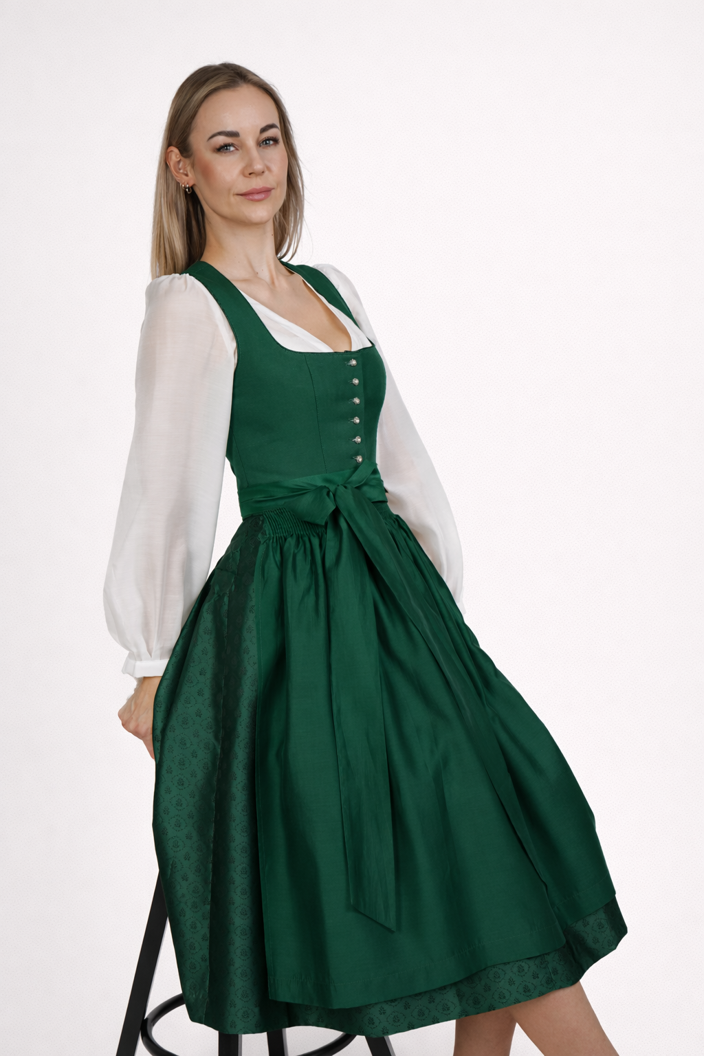 Dirndl Midi Damen | Elegantes Leinen-Dirndl mit 70 cm Rocklänge, Knöpfen und schimmernder Schürze