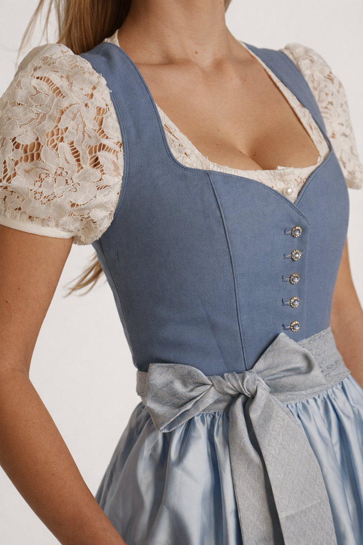 Dirndl Midi Damen | Elegantes Dirndl mit 70 cm Rocklänge, femininem Mieder und schimmernder Schürze