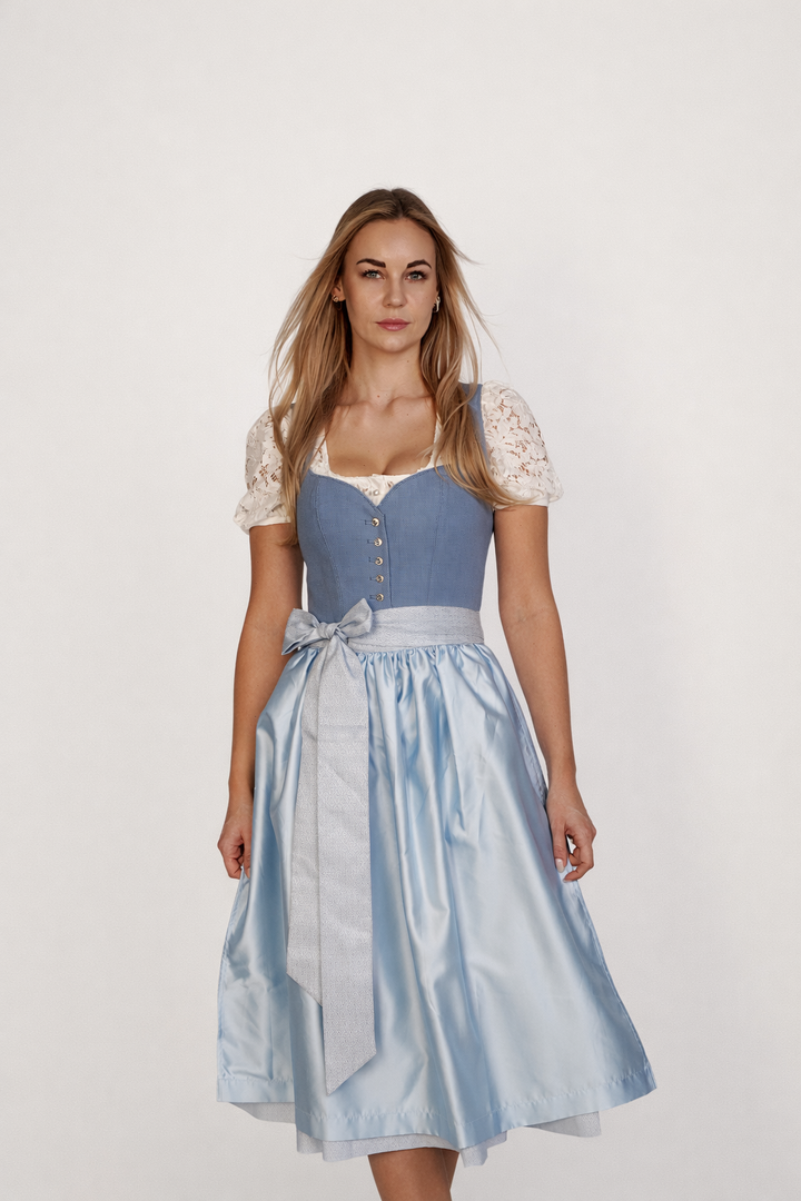 Dirndl Midi Damen | Elegantes Dirndl mit 70 cm Rocklänge, femininem Mieder und schimmernder Schürze