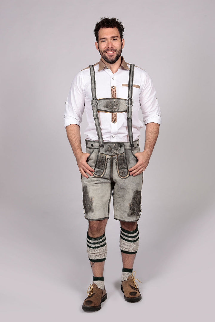Lederhose Herren kurz | Graue Trachtenlederhose mit Stickerei und verstellbaren Hosenträgern für Oktoberfest