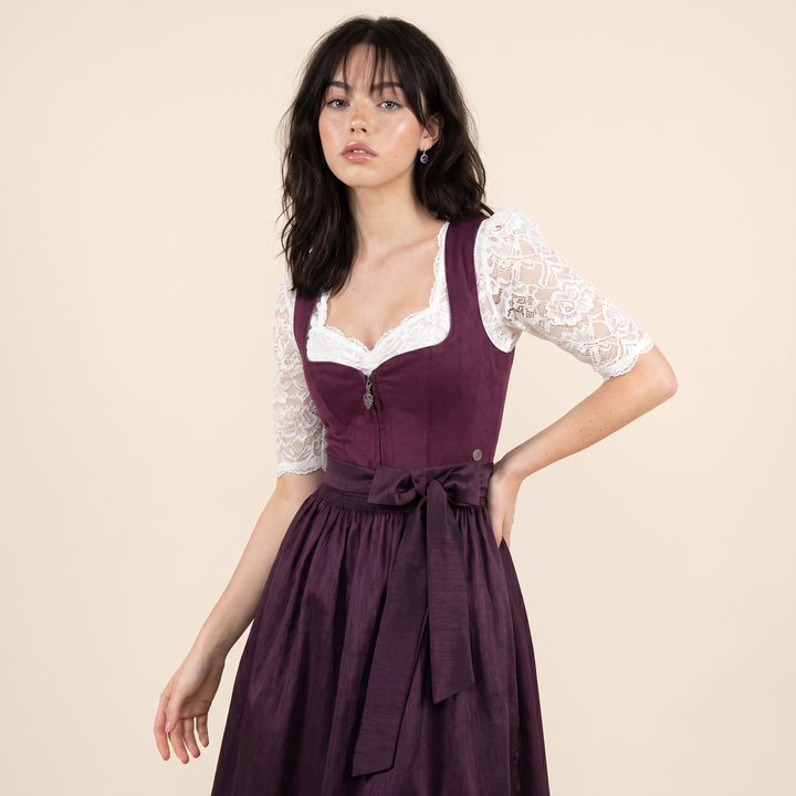 Damen Dirndl | Midi Trachtenkleid mit samtigem Mieder, Reißverschluss und strukturierter Schürze