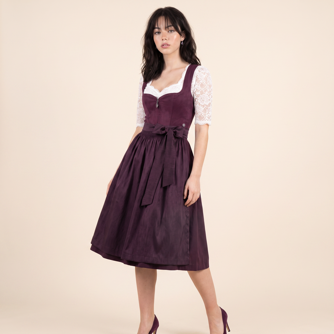 Damen Dirndl | Midi Trachtenkleid mit samtigem Mieder, Reißverschluss und strukturierter Schürze
