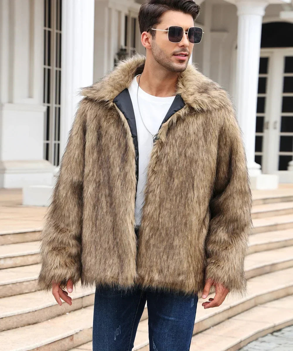 Herren Kunstfelljacke mit Umlegekragen | Flauschige Winterjacke im Oversize-Schnitt mit offener Vorderseite und Seitentaschen