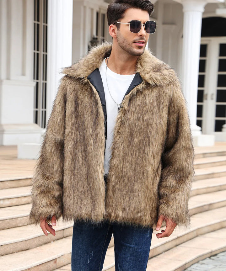 Herren Kunstfelljacke mit Umlegekragen | Flauschige Winterjacke im Oversize-Schnitt mit offener Vorderseite und Seitentaschen