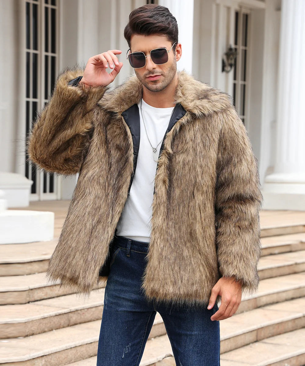 Herren Kunstfelljacke mit Umlegekragen | Flauschige Winterjacke im Oversize-Schnitt mit offener Vorderseite und Seitentaschen
