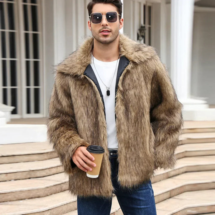 Herren Kunstfelljacke mit Umlegekragen | Flauschige Winterjacke im Oversize-Schnitt mit offener Vorderseite und Seitentaschen