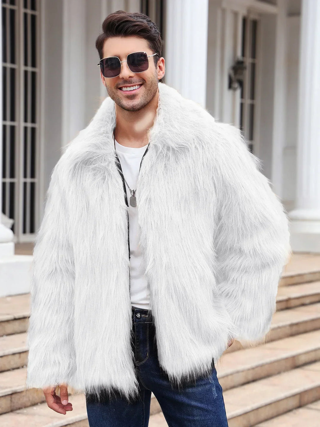Herren Kunstfelljacke mit Umlegekragen | Flauschige Winterjacke im Oversize-Schnitt mit offener Vorderseite und Seitentaschen