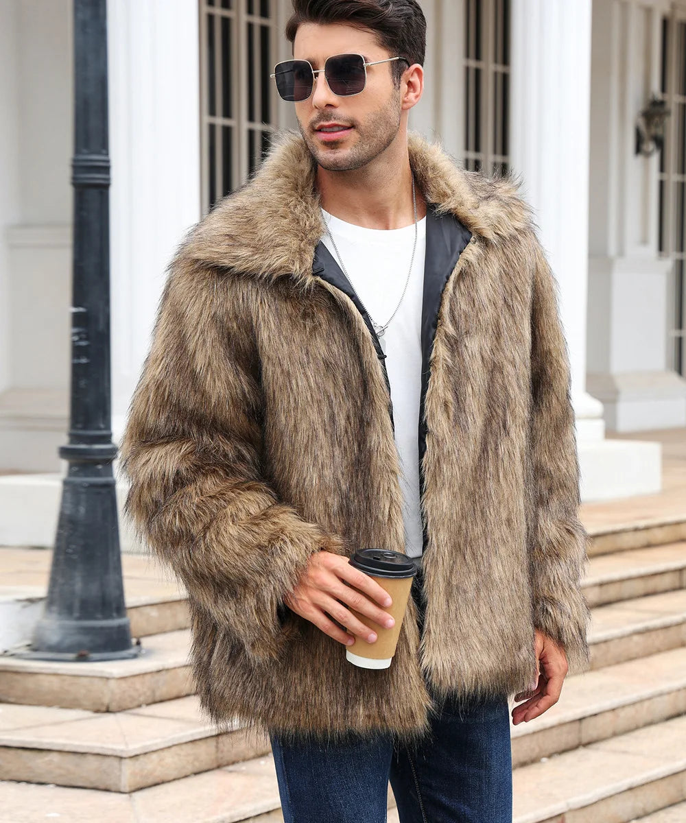 Herren Kunstfelljacke mit Umlegekragen | Flauschige Winterjacke im Oversize-Schnitt mit offener Vorderseite und Seitentaschen