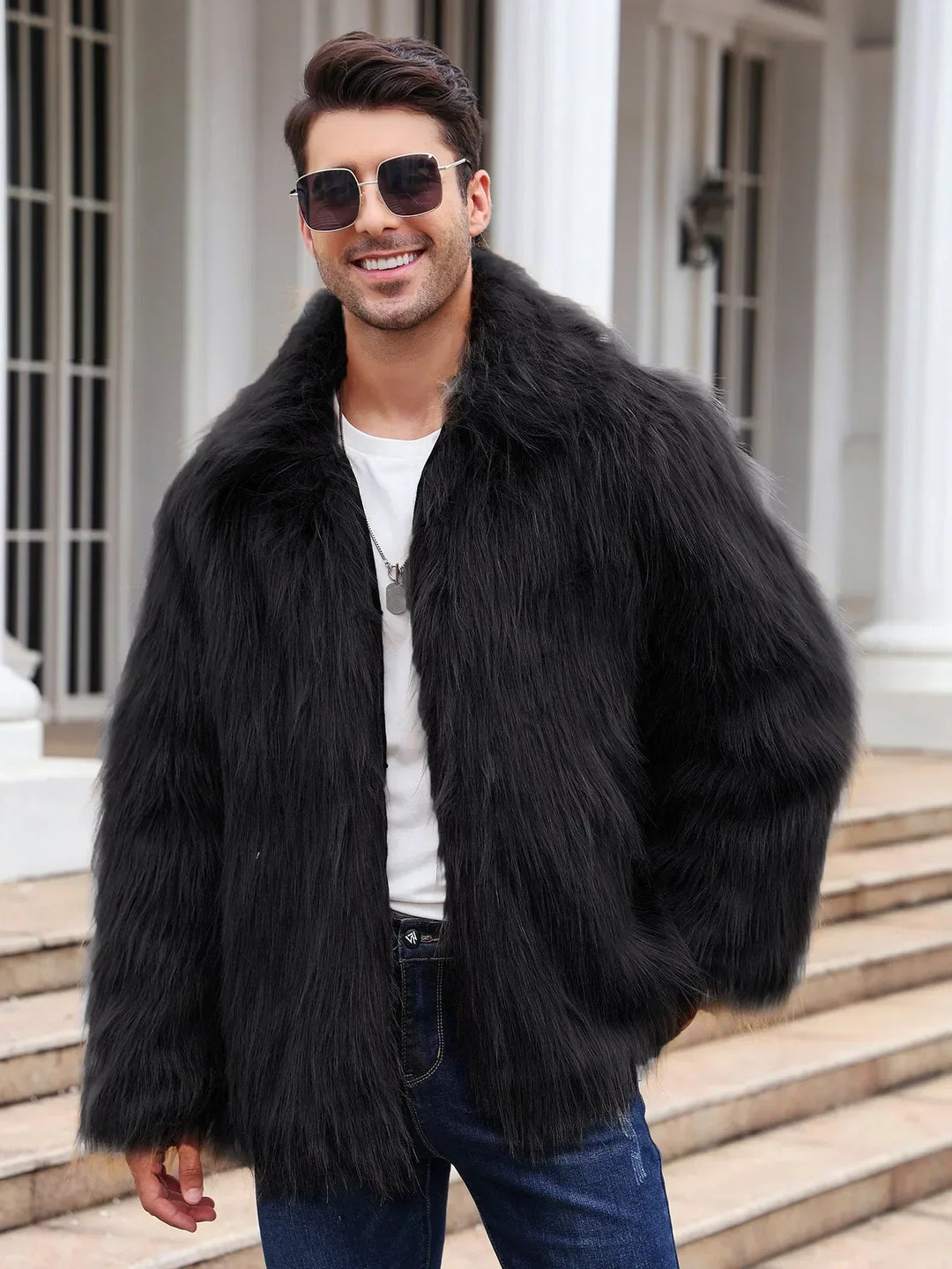 Herren Kunstfelljacke mit Umlegekragen | Flauschige Winterjacke im Oversize-Schnitt mit offener Vorderseite und Seitentaschen