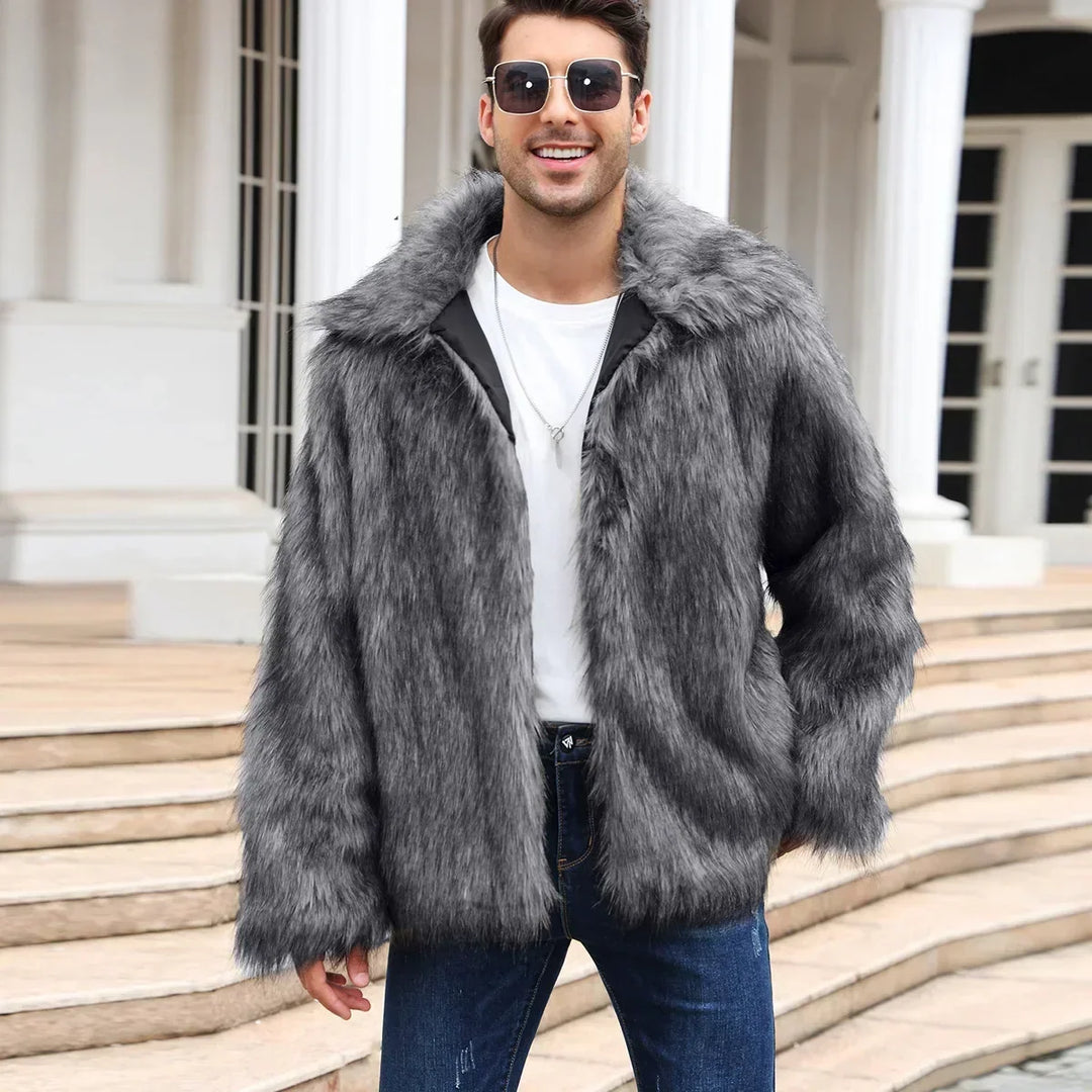 Herren Kunstfelljacke mit Umlegekragen | Flauschige Winterjacke im Oversize-Schnitt mit offener Vorderseite und Seitentaschen