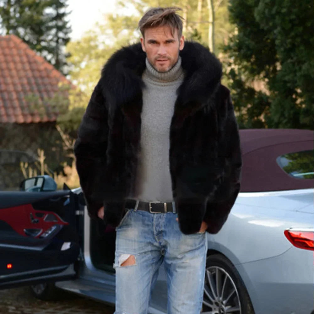 Herren Kunstfellmantel mit Kapuze | Flauschiger Wintermantel mit offener Vorderseite, langen Ärmeln und lockerem Schnitt