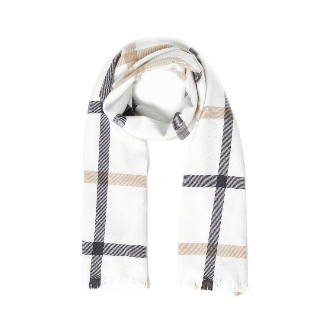 Damen Merinoschal | Karoschal in Weiß, Anthrazit und Beige mit Fransen und weicher Strickstruktur