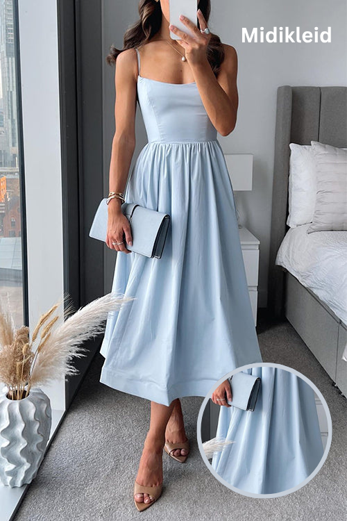 Midikleid in A-Linie mit Spaghettiträgern &amp; Taillengürtel | Feminine Silhouette, leichter Fall | Für Sommerfeste &amp; Abendlooks