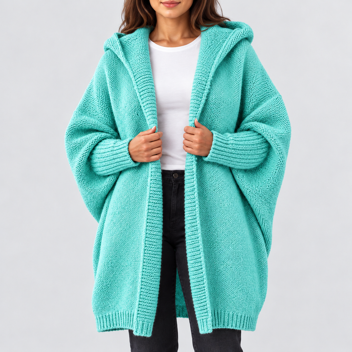 Damen Oversize Strickjacke lang mit Kapuze | Knielanger Cardigan mit weitem Schnitt und Rippdetails für Herbst und Winter