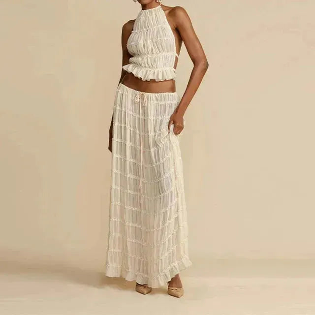 Damen Zweiteiler mit Neckholder Top &amp; Maxirock | Boho Sommer Set mit elastischem Bund | Luftiger Freizeit-Look