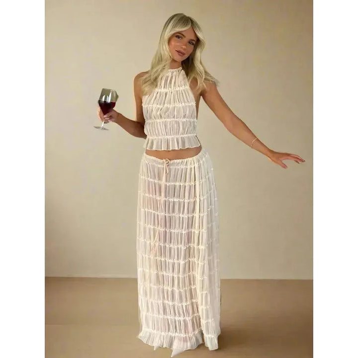 Damen Zweiteiler mit Neckholder Top &amp; Maxirock | Boho Sommer Set mit elastischem Bund | Luftiger Freizeit-Look