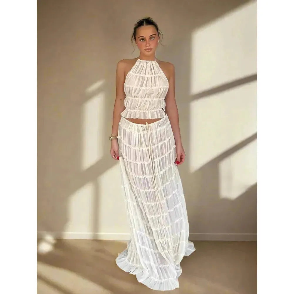 Damen Zweiteiler mit Neckholder Top &amp; Maxirock | Boho Sommer Set mit elastischem Bund | Luftiger Freizeit-Look