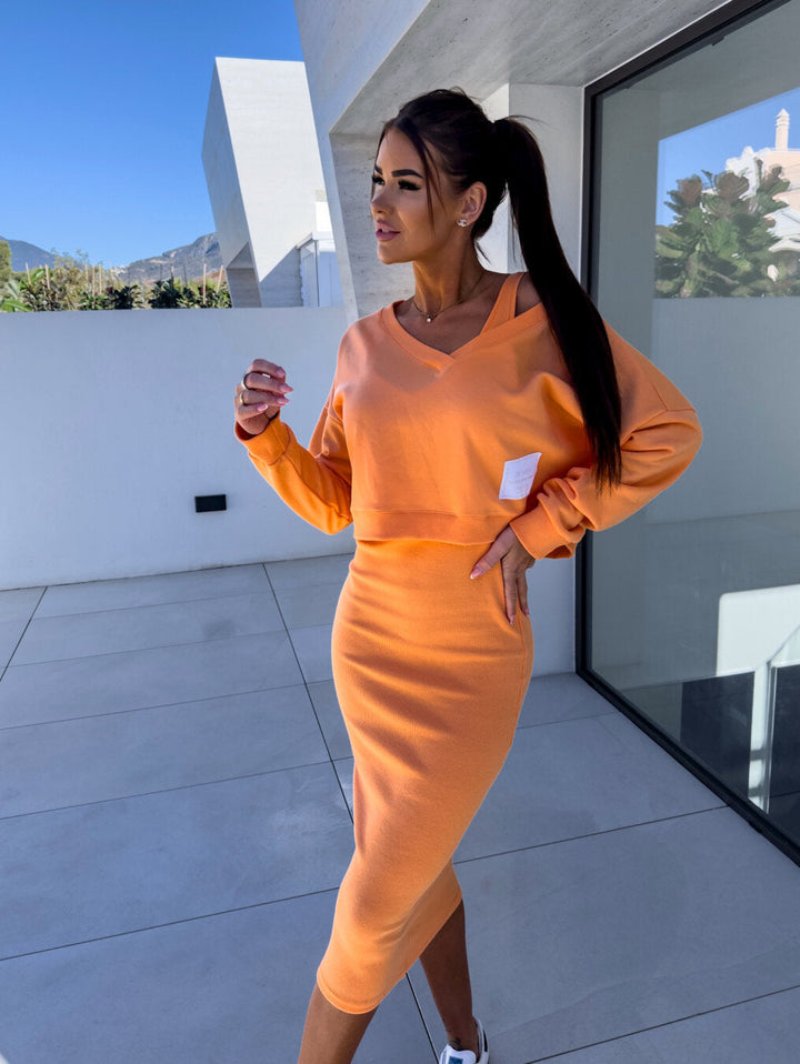 Damen Kleid-Set mit Sweatshirt | Figurbetontes Kleid &amp; lässiges Oberteil | Eleganter Lagenlook für Alltag &amp; Anlass