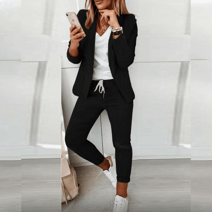Damen Zweiteiler Set aus Baumwoll-Polyester-Mix | Bluse &amp; Hose/Shorts im Büro-Look | Figurschmeichelnd, bequem, ganzjährig
