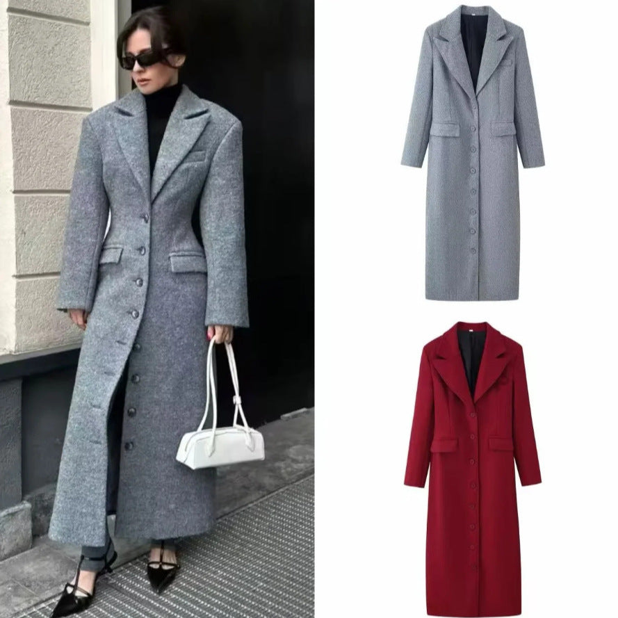 Damen Wollmix-Mantel lang mit Reverskragen | Gefütterter Mantel mit Knopfleiste und Pattentaschen für Büro und City-Looks