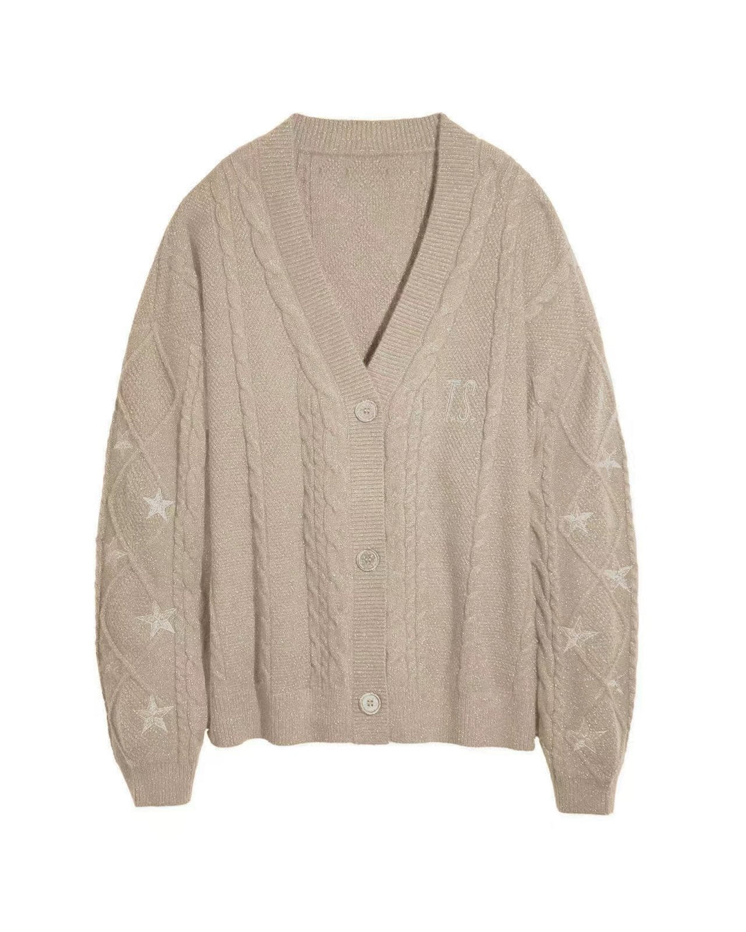Damen Grobstrick Cardigan mit Zopfmuster | Oversize-Strickjacke mit V-Ausschnitt, Sternstickereien und Knopfleiste